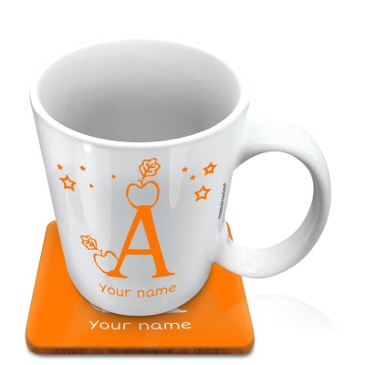 (10oz White) with Alphabet Theme Burnt Orange (Personalised with Text) with 1 matching Square Coaster
