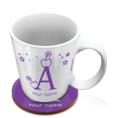 (10oz White) with Alphabet Theme Purple (Personalised with Text) with 1 matching Circular Coaster