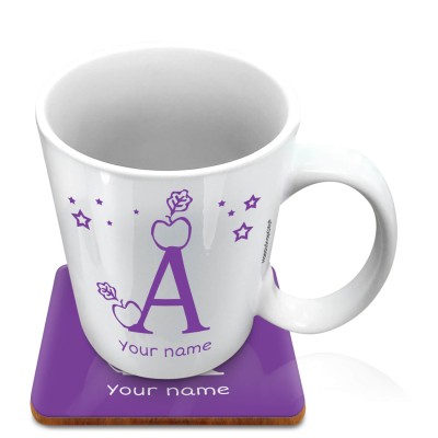 (10oz White) with Alphabet Theme Purple (Personalised with Text) with 1 matching Square Coaster