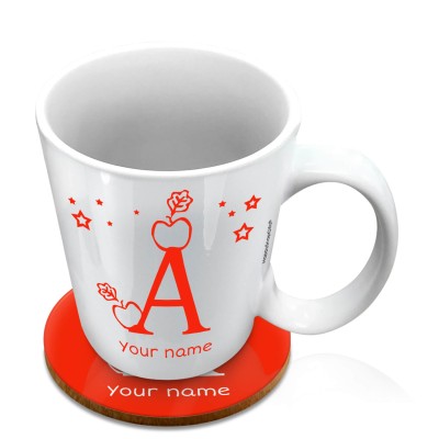 (10oz White) with Alphabet Theme Red (Personalised with Text) with 1 matching Circular Coaster