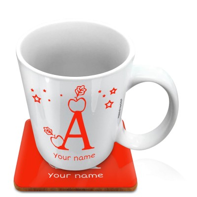 (10oz White) with Alphabet Theme Red (Personalised with Text) with 1 matching Square Coaster
