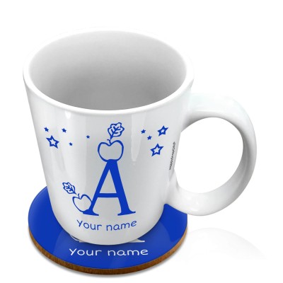 (10oz White) with Alphabet Theme Royal Blue (Personalised with Text) with 1 matching Circular Coaster