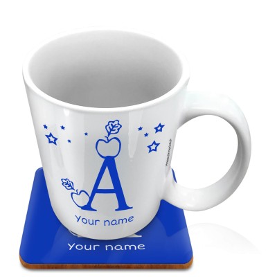 (10oz White) with Alphabet Theme Royal Blue (Personalised with Text) with 1 matching Square Coaster