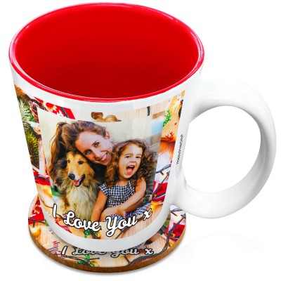 (XL 15oz Red) - Christmas Decorations Design with 2 Photos Printed Front & Back (Personalised with Text) with 1 matching Circular Coaster