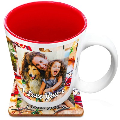 (XL 15oz Red) - Christmas Decorations Design with 2 Photos Printed Front & Back (Personalised with Text) with 1 matching Square Coaster