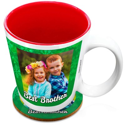 (XL 15oz Red) - Snowflakes on Green Design with 2 Photos Printed Front & Back (Personalised with Text) with 1 matching Circular Coaster