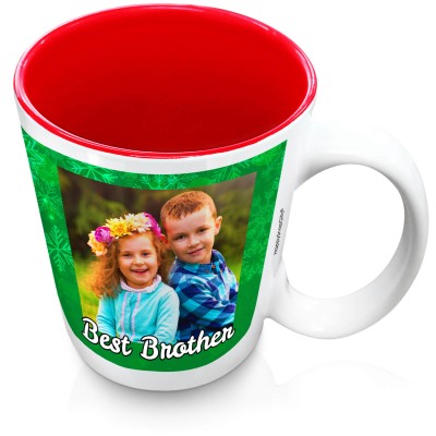 (XL 15oz Red) - Snowflakes on Green Design with 2 Photos Printed Front & Back (Personalised with Text)