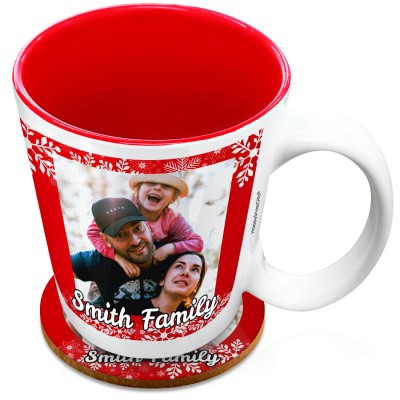 (XL 15oz Red) - Snowflakes on Red Design with 2 Photos Printed Front & Back (Personalised with Text) with 1 matching Circular Coaster