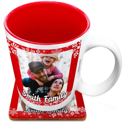 (XL 15oz Red) - Snowflakes on Red Design with 2 Photos Printed Front & Back (Personalised with Text) with 1 matching Square Coaster