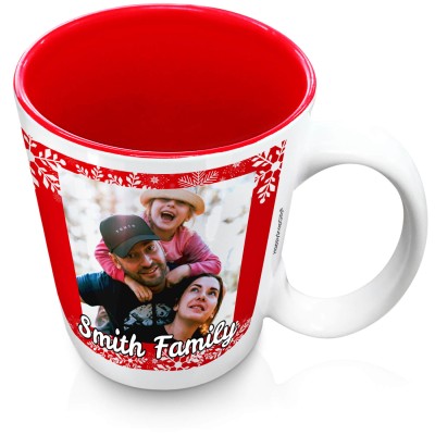 (XL 15oz Red) - Snowflakes on Red Design with 2 Photos Printed Front & Back (Personalised with Text)