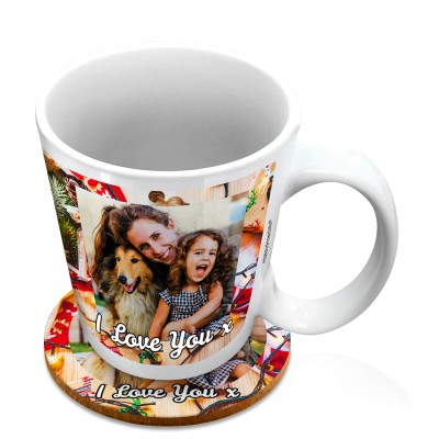 (10oz White) - Christmas Decorations Design with 2 Photos Printed Front & Back (Personalised with Text) with 1 matching Circular Coaster
