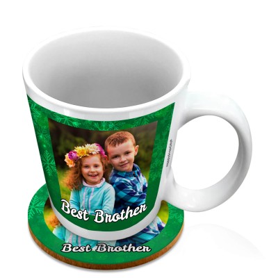 (10oz White) - Snowflakes on Green Design with 2 Photos Printed Front & Back (Personalised with Text) with 1 matching Circular Coaster