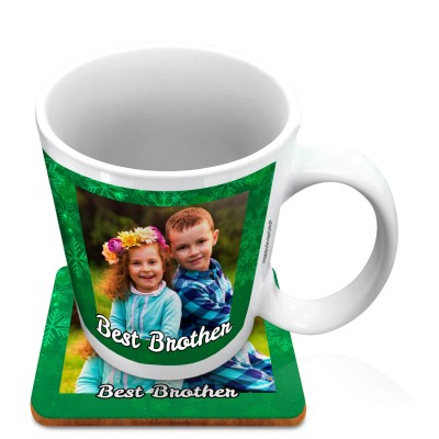 (10oz White) - Snowflakes on Green Design with 2 Photos Printed Front & Back (Personalised with Text) with 1 matching Square Coaster