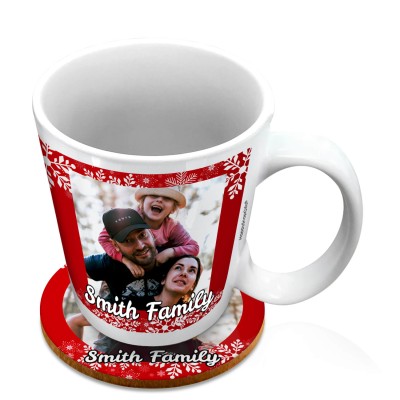 (10oz White) - Snowflakes on Red Design with 2 Photos Printed Front & Back (Personalised with Text) with 1 matching Circular Coaster