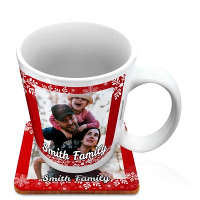 (10oz White) - Snowflakes on Red Design with 2 Photos Printed Front & Back (Personalised with Text) with 1 matching Square Coaster