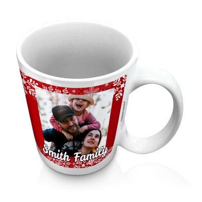 (10oz White) - Snowflakes on Red Design with 2 Photos Printed Front & Back (Personalised with Text)