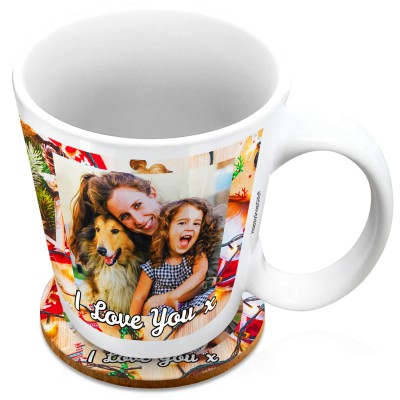 (XL 15oz White) - Christmas Decorations Design with 2 Photos Printed Front & Back (Personalised with Text) with 1 matching Circular Coaster