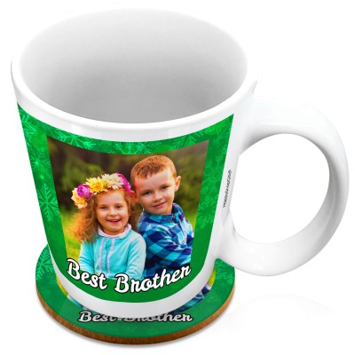 (XL 15oz White) - Snowflakes on Green Design with 2 Photos Printed Front & Back (Personalised with Text) with 1 matching Circular Coaster