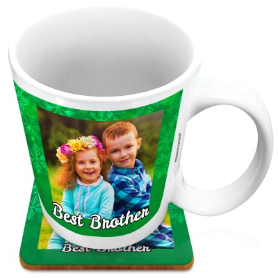 (XL 15oz White) - Snowflakes on Green Design with 2 Photos Printed Front & Back (Personalised with Text) with 1 matching Square Coaster