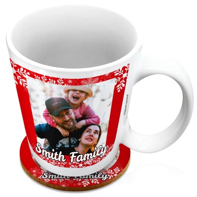 (XL 15oz White) - Snowflakes on Red Design with 2 Photos Printed Front & Back (Personalised with Text) with 1 matching Circular Coaster