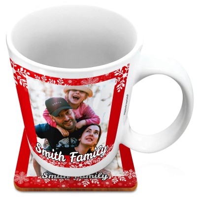 (XL 15oz White) - Snowflakes on Red Design with 2 Photos Printed Front & Back (Personalised with Text) with 1 matching Square Coaster