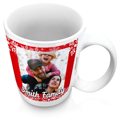 (XL 15oz White) - Snowflakes on Red Design with 2 Photos Printed Front & Back (Personalised with Text)