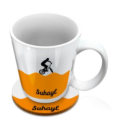 (XL 15oz White) with BMX Theme Orange (Personalised with Text) with 1 matching Circular Coaster