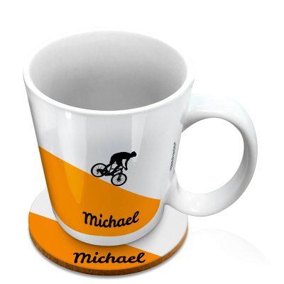 (10oz White) with Mountain Bike Theme Orange (Personalised with Text) with 1 matching Circular Coaster