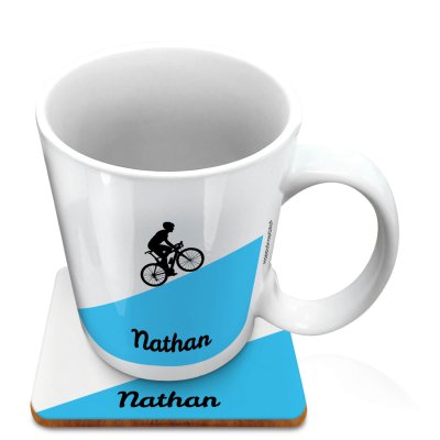 (10oz White) with Road Bike Theme Blue (Personalised with Text) with 1 matching Square Coaster