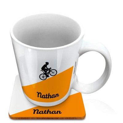 (10oz White) with Road Bike Theme Orange (Personalised with Text) with 1 matching Square Coaster