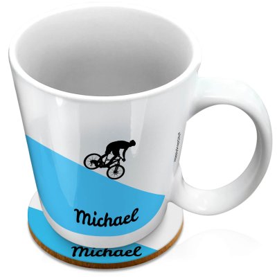 (XL 15oz White) with Mountain Bike Theme Blue (Personalised with Text) with 1 matching Circular Coaster