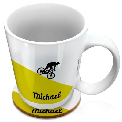 (XL 15oz White) with Mountain Bike Theme Green (Personalised with Text) with 1 matching Circular Coaster