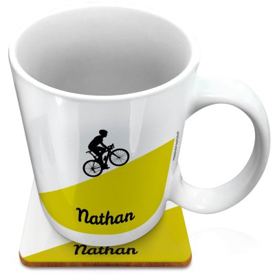(XL 15oz White) with Road Bike Theme Green (Personalised with Text) with 1 matching Square Coaster