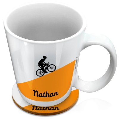 (XL 15oz White) with Road Bike Theme Orange (Personalised with Text) with 1 matching Circular Coaster