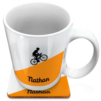 (XL 15oz White) with Road Bike Theme Orange (Personalised with Text) with 1 matching Square Coaster