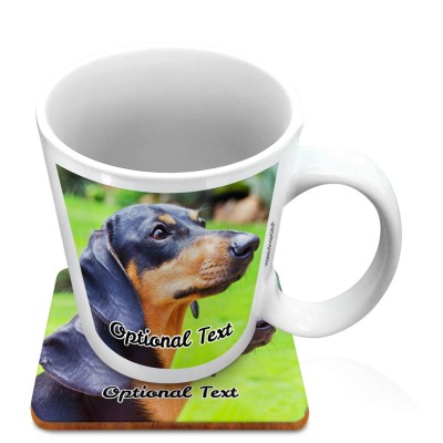 (10oz White) with 2 Photos Printed Front & Back (Personalised with Text) with 1 matching Square Coaster