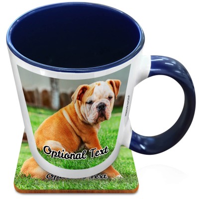 (XL 15oz Blue Inner & Handle) with 1 Photo Printed Front & Back (Personalised with Text) with 1 matching Square Coaster
