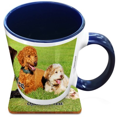 (XL 15oz Blue Inner & Handle) with 1 Wrapped Around Image (Personalised with Text) with 1 matching Square Coaster