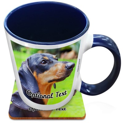 (XL 15oz Blue Inner & Handle) with 2 Photos Printed Front & Back (Personalised with Text) with 1 matching Square Coaster