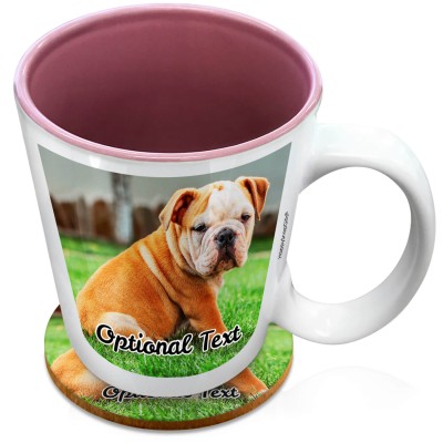 (XL 15oz Pink) with 1 Photo Printed Front & Back (Personalised with Text) with 1 matching Circular Coaster