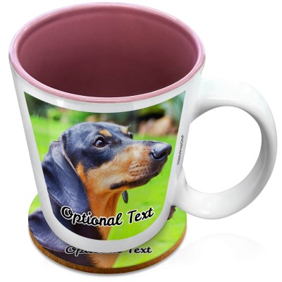 (XL 15oz Pink) with 2 Photos Printed Front & Back (Personalised with Text) with 1 matching Circular Coaster