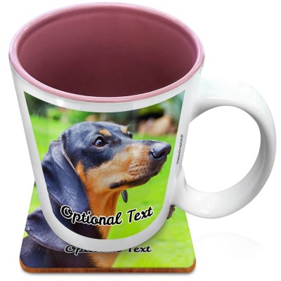 (XL 15oz Pink) with 2 Photos Printed Front & Back (Personalised with Text) with 1 matching Square Coaster