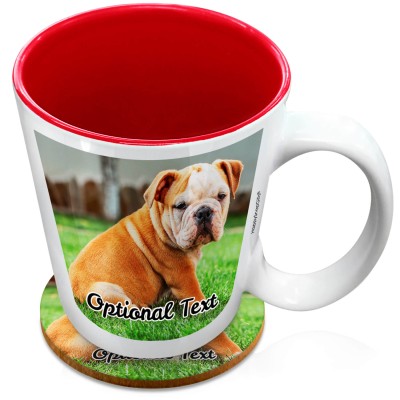 (XL 15oz Red) with 1 Photo Printed Front & Back (Personalised with Text) with 1 matching Circular Coaster