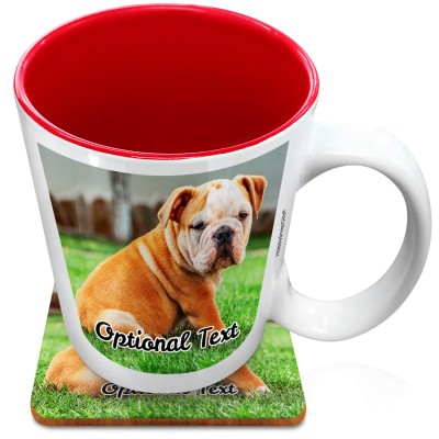 (XL 15oz Red) with 1 Photo Printed Front & Back (Personalised with Text) with 1 matching Square Coaster