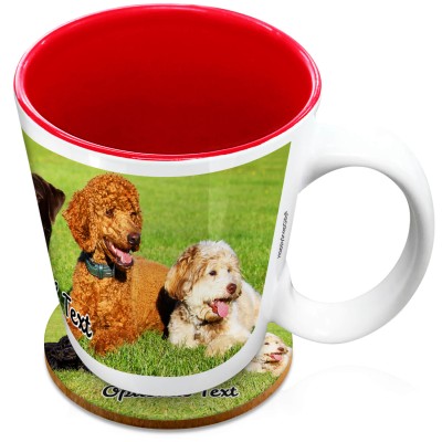 (XL 15oz Red) with 1 Wrapped Around Image (Personalised with Text) with 1 matching Circular Coaster