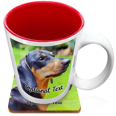 (XL 15oz Red) with 2 Photos Printed Front & Back (Personalised with Text) with 1 matching Square Coaster