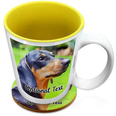 (XL 15oz Yellow) with 2 Photos Printed Front & Back (Personalised with Text) with 1 matching Circular Coaster