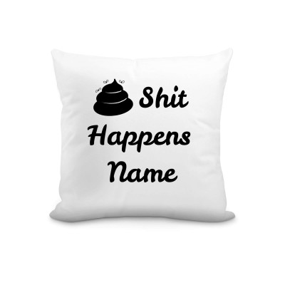 (25cm Square) "Shit Happens" White Soft Velvet Polyester Fabric (Personalised with Text)