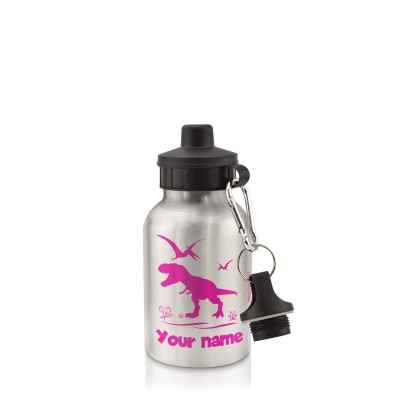 - Silver (400ml Mini) + Screw Cap with Dinosaur Icon Hot Pink (Fuchsia) (Personalised with Text)