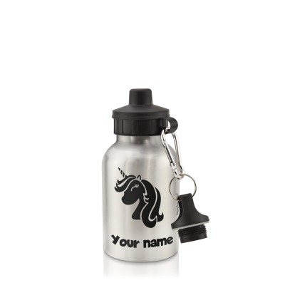 - Silver (400ml Mini) + Screw Cap (Unicorn Icon) Black (Personalised with Text)